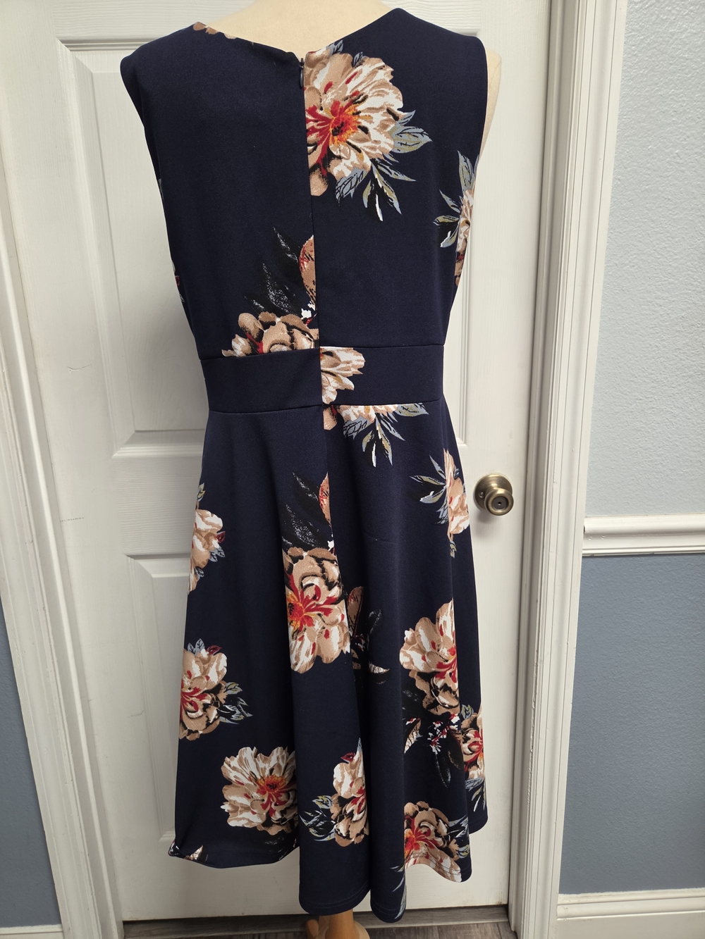 Navy Floral V-Neck A-Line Dress - Picture 3 of 8